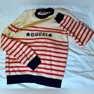 Gucci Men's Cream and Red Striped Crewneck Sweater